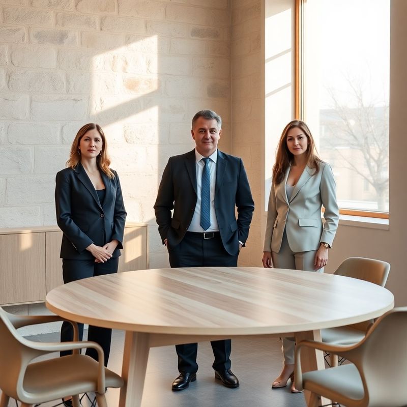 Trei consultanți ConsultTrajectory într-un birou minimalist în tonuri de piatră și verde-mentă